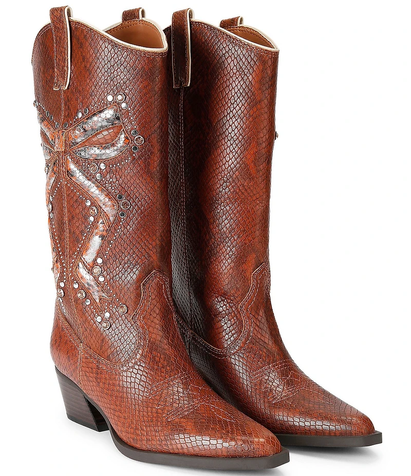 Kurt Geiger London Rodeo Bow Leather Studded Ornament Snake Print Cowboy Boots
