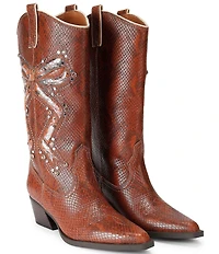 Kurt Geiger London Rodeo Bow Leather Studded Ornament Snake Print Cowboy Boots