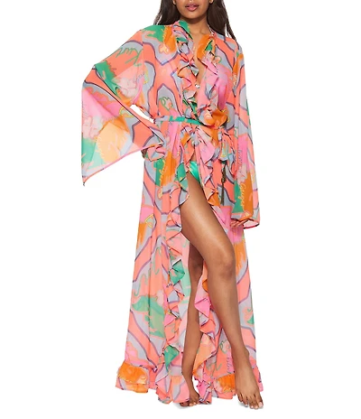 Kurt Geiger London Ruffle Trim Belted Robe Swim Cover-Up