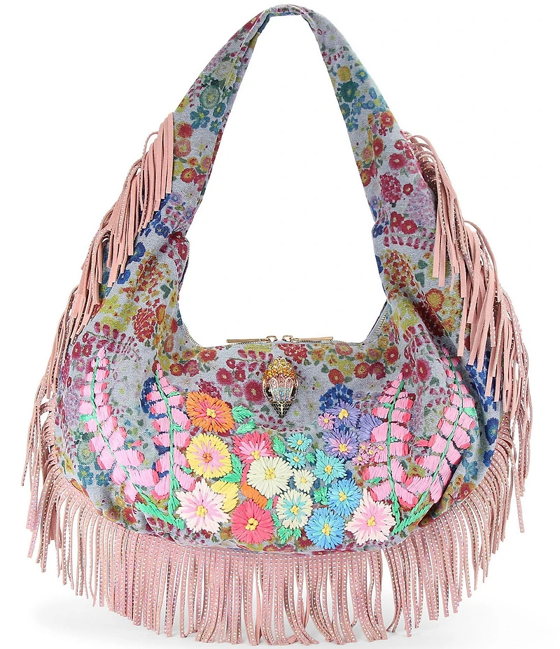 Kurt Geiger London Shoreditch Large Hobo Floral Embroidered Fringe Denim Shoulder Bag