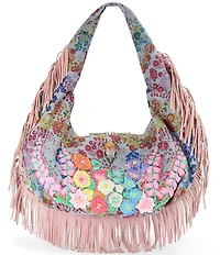Kurt Geiger London Shoreditch Large Hobo Floral Embroidered Fringe Denim Shoulder Bag