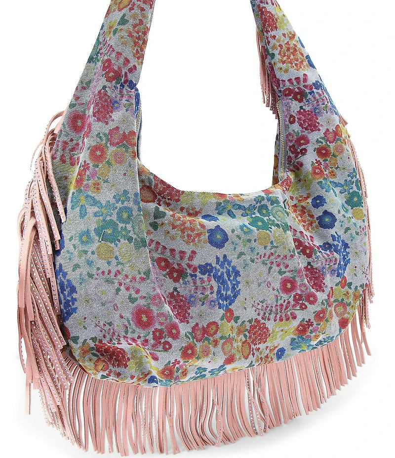 Kurt Geiger London Shoreditch Large Hobo Floral Embroidered Fringe Denim Shoulder Bag