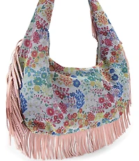 Kurt Geiger London Shoreditch Large Hobo Floral Embroidered Fringe Denim Shoulder Bag