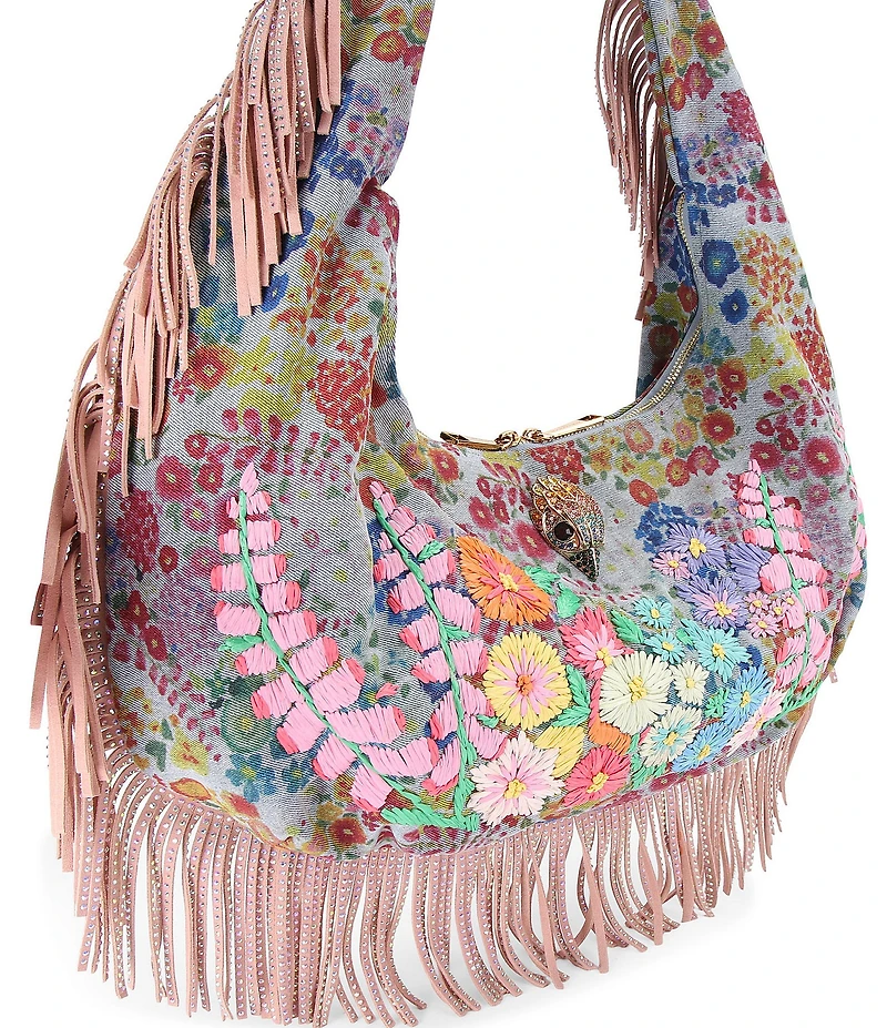 Kurt Geiger London Shoreditch Large Hobo Floral Embroidered Fringe Denim Shoulder Bag