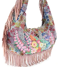 Kurt Geiger London Shoreditch Large Hobo Floral Embroidered Fringe Denim Shoulder Bag