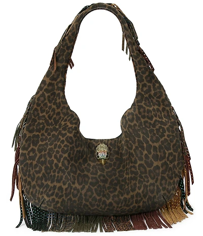 Kurt Geiger London Shoreditch Large Leopard Slouchy Rhinestoned Fringe Hobo Bag