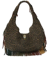 Kurt Geiger London Shoreditch Large Leopard Slouchy Rhinestoned Fringe Hobo Bag