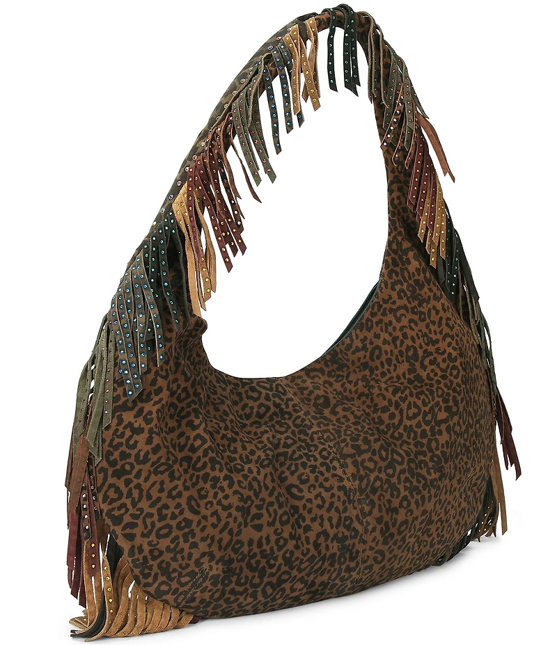 Kurt Geiger London Shoreditch Large Leopard Slouchy Rhinestoned Fringe Hobo Bag