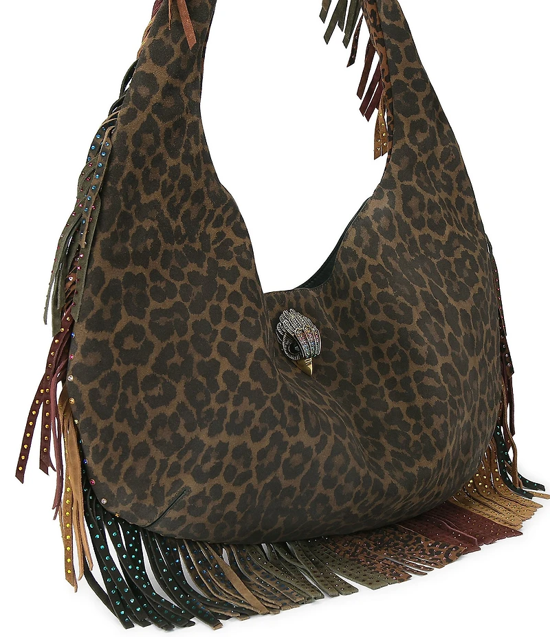 Kurt Geiger London Shoreditch Large Leopard Slouchy Rhinestoned Fringe Hobo Bag