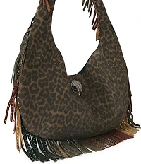 Kurt Geiger London Shoreditch Large Leopard Slouchy Rhinestoned Fringe Hobo Bag