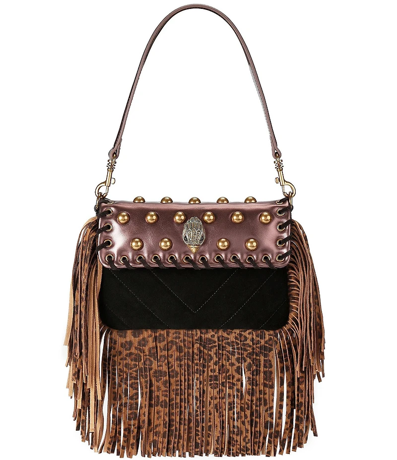 Kurt Geiger London Small Oxford Leopard Print Fringe Leather Suede Studded Shoulder Bag
