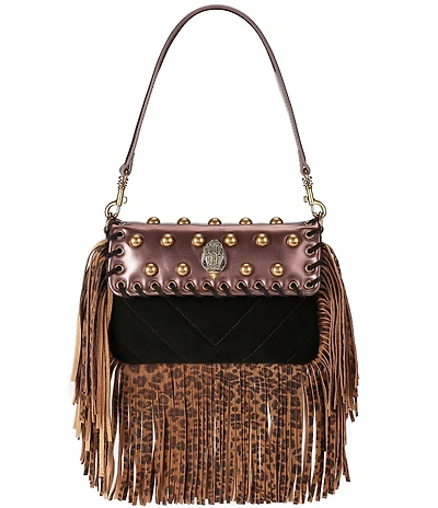 Kurt Geiger London Small Oxford Leopard Print Fringe Leather Suede Studded Shoulder Bag