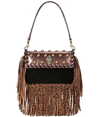 Kurt Geiger London Small Oxford Leopard Print Fringe Leather Suede Studded Shoulder Bag