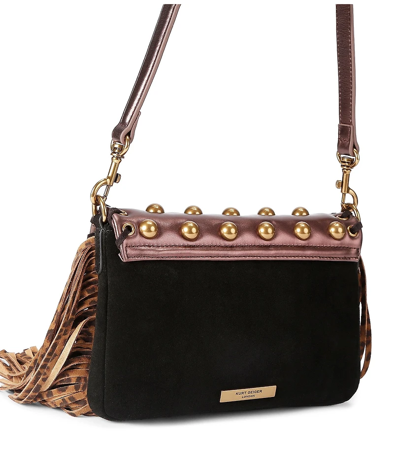 Kurt Geiger London Small Oxford Leopard Print Fringe Leather Suede Studded Shoulder Bag
