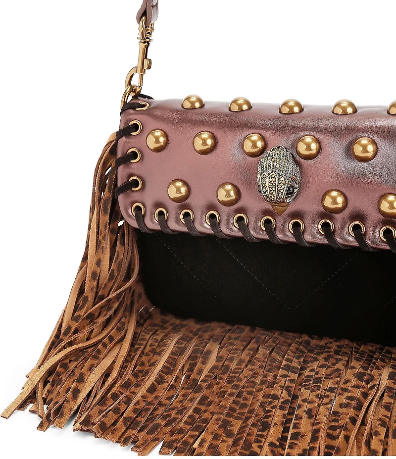 Kurt Geiger London Small Oxford Leopard Print Fringe Leather Suede Studded Shoulder Bag