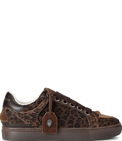 Kurt Geiger London Southbank Tag Slim Leopard Suede Rhinestone Embellished Sneakers