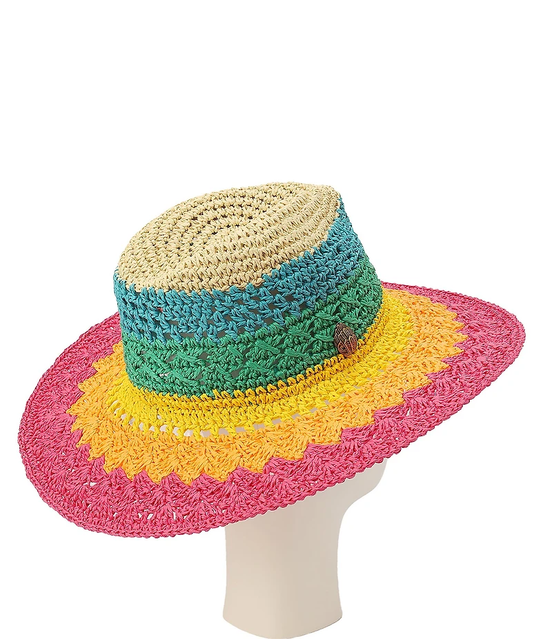 Kurt Geiger London Straw Rainbow Stripe Crochet Fedora Hat