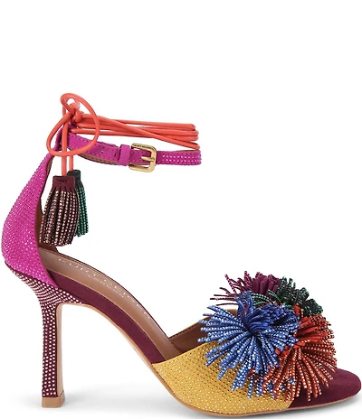 Kurt Geiger London Suede Embellished Pom-Pom Tassel Ankle Wrap Dress Sandals