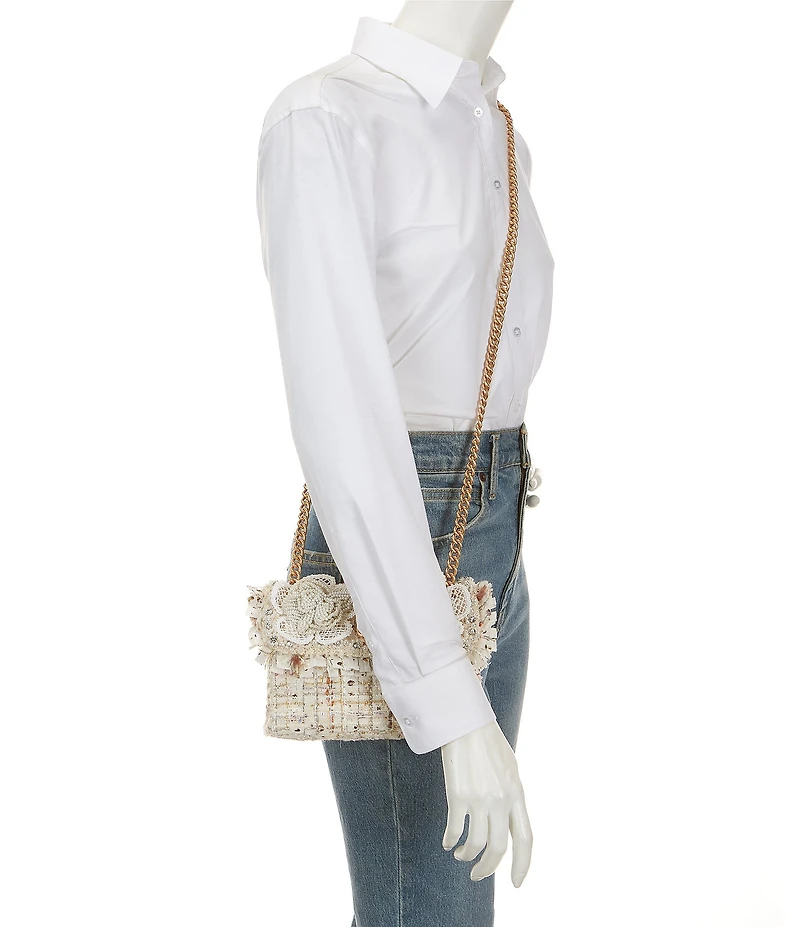 Kurt Geiger London Mini Kensington Floral Applique Pearl Tweed Crossbody Bag