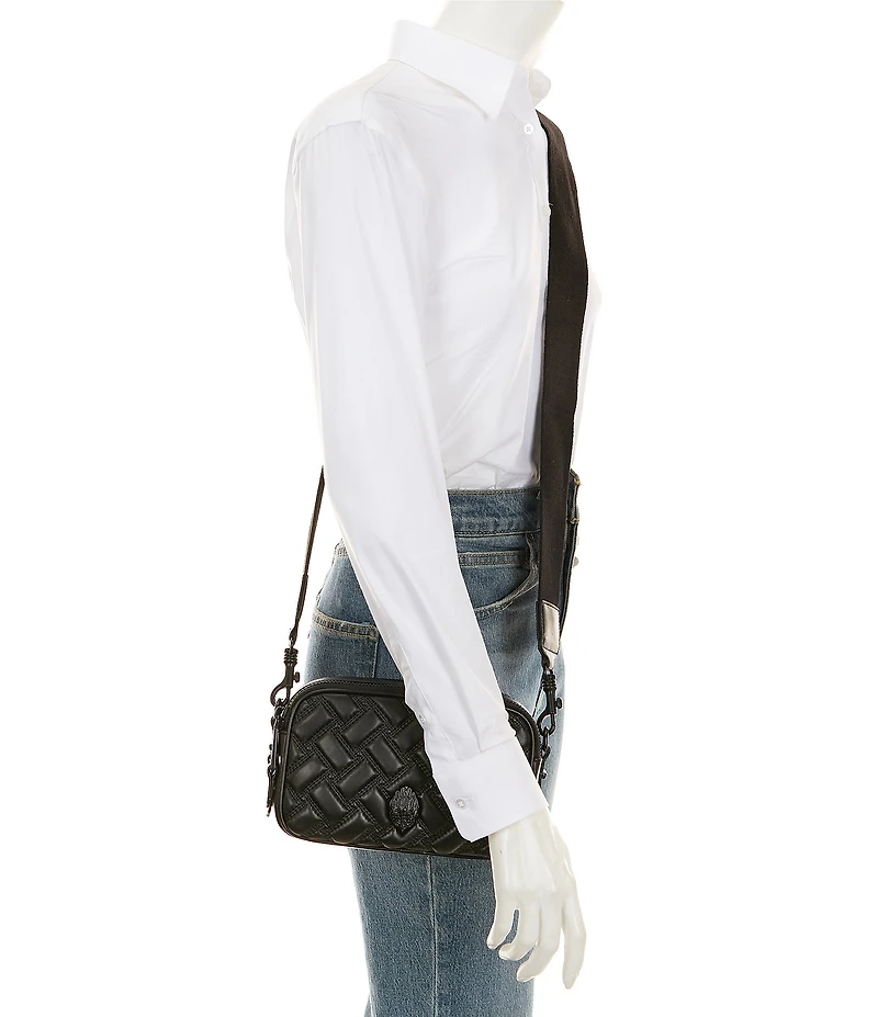 Kurt Geiger London Two Zip Kensington Drench Black Quilted Leather Small Camera Crossbody Bag