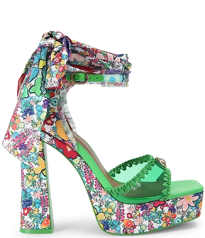 Kurt Geiger London Vinyl Floral Printed Ankle Tie Platform Dress Sandals