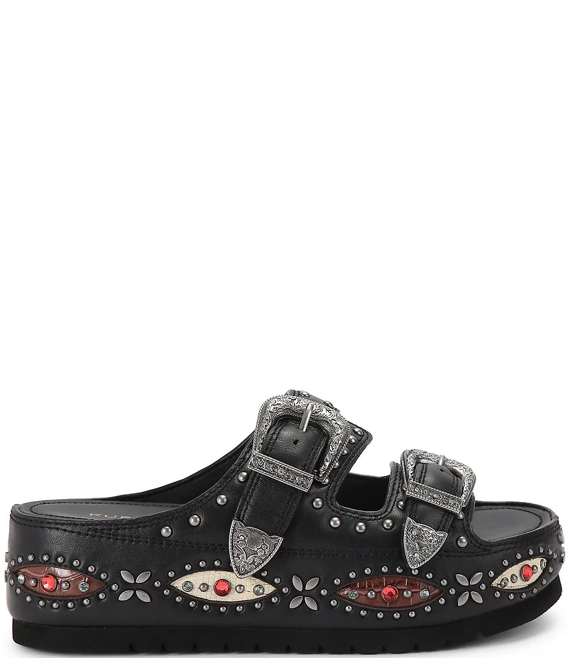 Kurt Geiger London Western Buckle Stud Slide Leather Flatform Sandals