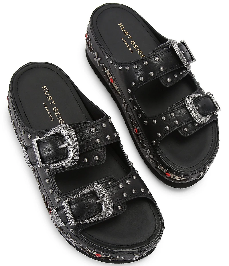 Kurt Geiger London Western Buckle Stud Slide Leather Flatform Sandals