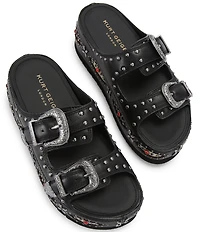 Kurt Geiger London Western Buckle Stud Slide Leather Flatform Sandals