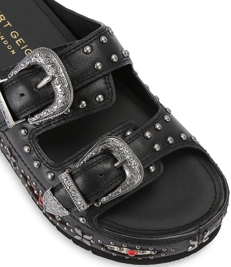Kurt Geiger London Western Buckle Stud Slide Leather Flatform Sandals