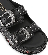Kurt Geiger London Western Buckle Stud Slide Leather Flatform Sandals