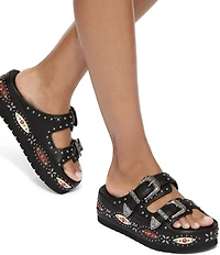 Kurt Geiger London Western Buckle Stud Slide Leather Flatform Sandals