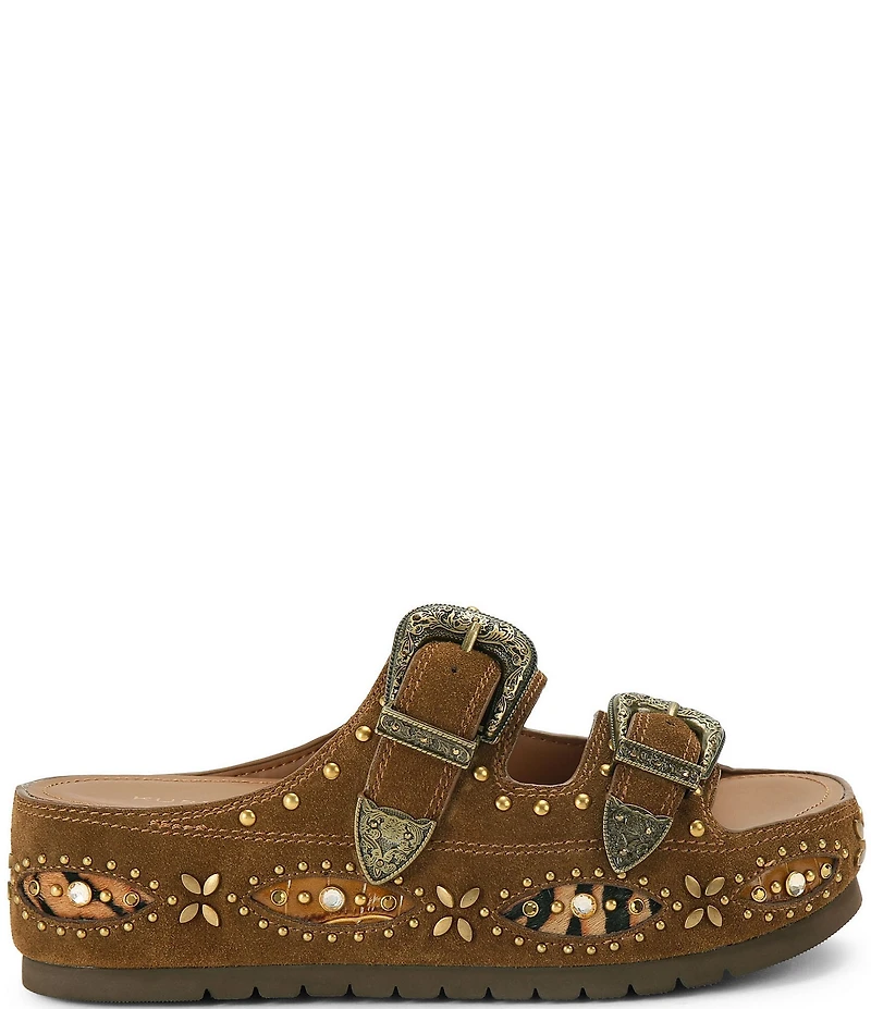 Kurt Geiger London Western Buckle Stud Slide Suede Flatform Sandals