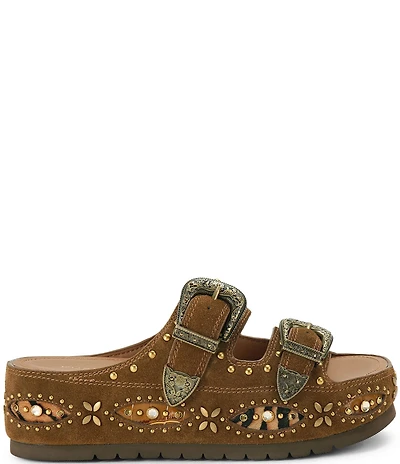Kurt Geiger London Western Buckle Stud Slide Suede Flatform Sandals