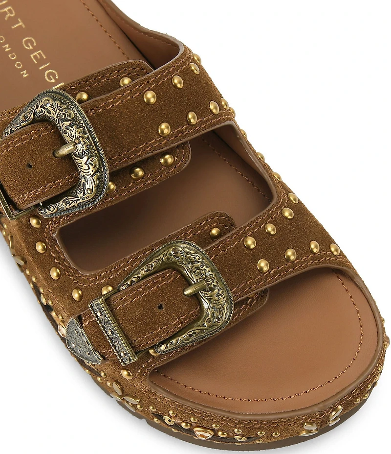 Kurt Geiger London Western Buckle Stud Slide Suede Flatform Sandals