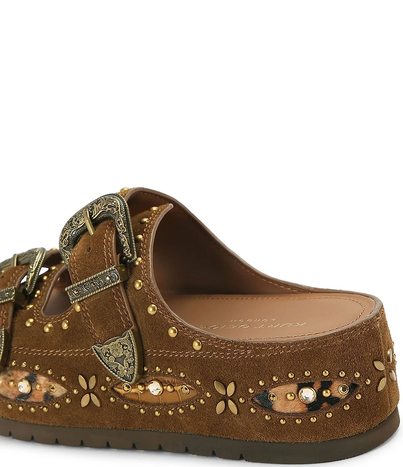 Kurt Geiger London Western Buckle Stud Slide Suede Flatform Sandals