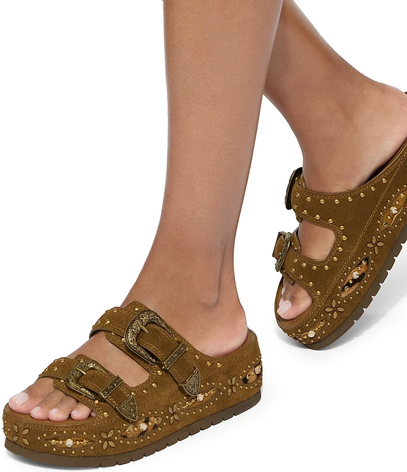 Kurt Geiger London Western Buckle Stud Slide Suede Flatform Sandals