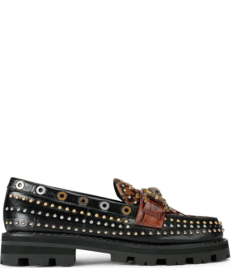 Kurt Geiger Mansion Patent Leather and Suede Studded Bit Buckle Loafers