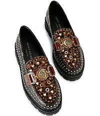 Kurt Geiger Mansion Patent Leather and Suede Studded Bit Buckle Loafers