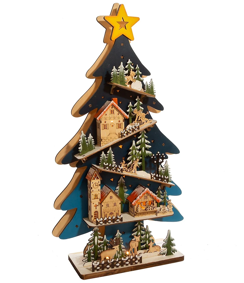 Kurt S. Adler Battery-Operated Light Up Wooden Christmas Tree with Village Scene Tabletop Decor