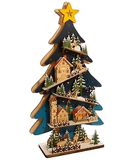 Kurt S. Adler Battery-Operated Light Up Wooden Christmas Tree with Village Scene Tabletop Decor