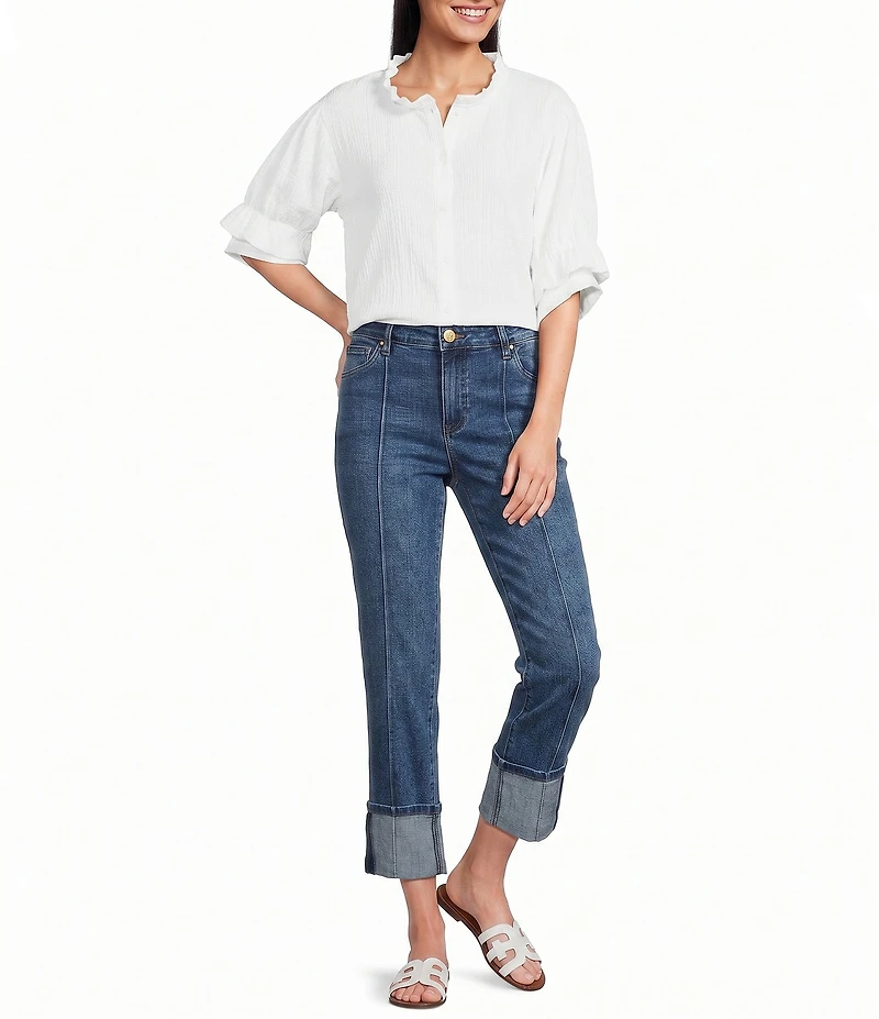 KUT from the Kloth Amy Stretch Denim Mid Rise Straight Leg Cuffed Hem Jeans