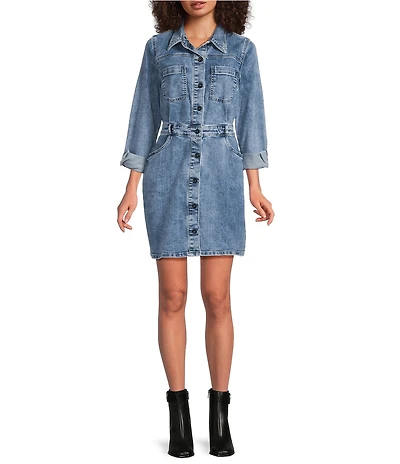 KUT from the Kloth Arlington Stretch Denim Point Collar Long Sleeve Button Down A-Line Dress