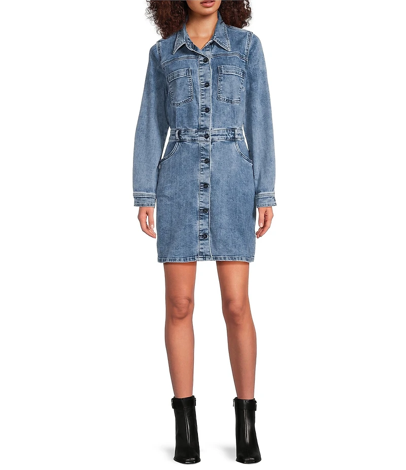 KUT from the Kloth Arlington Stretch Denim Point Collar Long Sleeve Button Down A-Line Dress