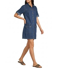 KUT from the Kloth Eliza Point Collar Short Roll-Tab Sleeve Button Front Denim Dress