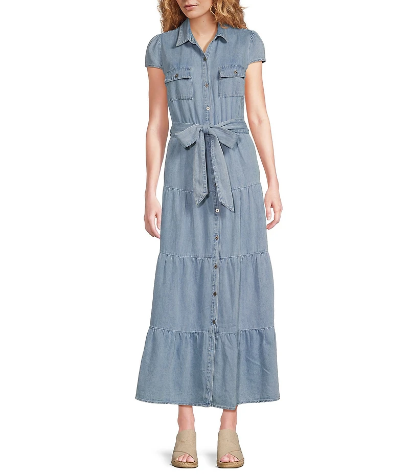 KUT from the Kloth Maxi Point Collar V-Neck Cap Sleeve Light Wash Tiered Denim Maxi Dress