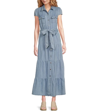 KUT from the Kloth Maxi Point Collar V-Neck Cap Sleeve Light Wash Tiered Denim Maxi Dress