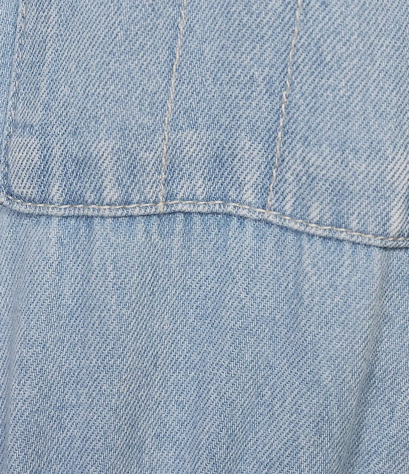 KUT from the Kloth Maxi Point Collar V-Neck Cap Sleeve Light Wash Tiered Denim Maxi Dress