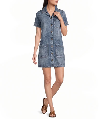 KUT from the Kloth Parker Denim Point Collar Short Sleeve Shift Dress
