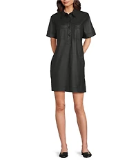 KUT from the Kloth Tatiana Coated Denim Point Collar Short Sleeve Sheath Dress