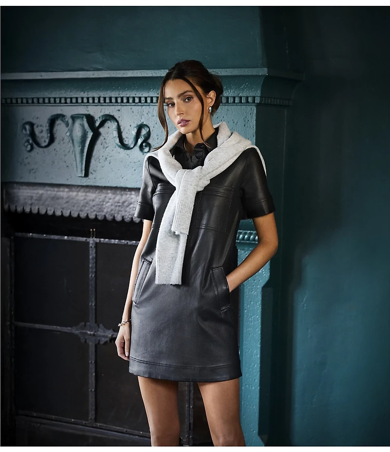 KUT from the Kloth Tatiana Coated Denim Point Collar Short Sleeve Sheath Dress